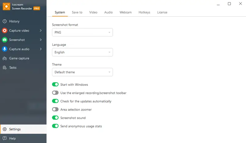 Screenshot taking settings
